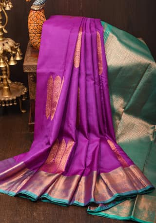 Kanjivaram Pure Silk Saree in Vadamalli Purple with Teal Contrast and geometric motifs | SILK MARK CERTIFIED
