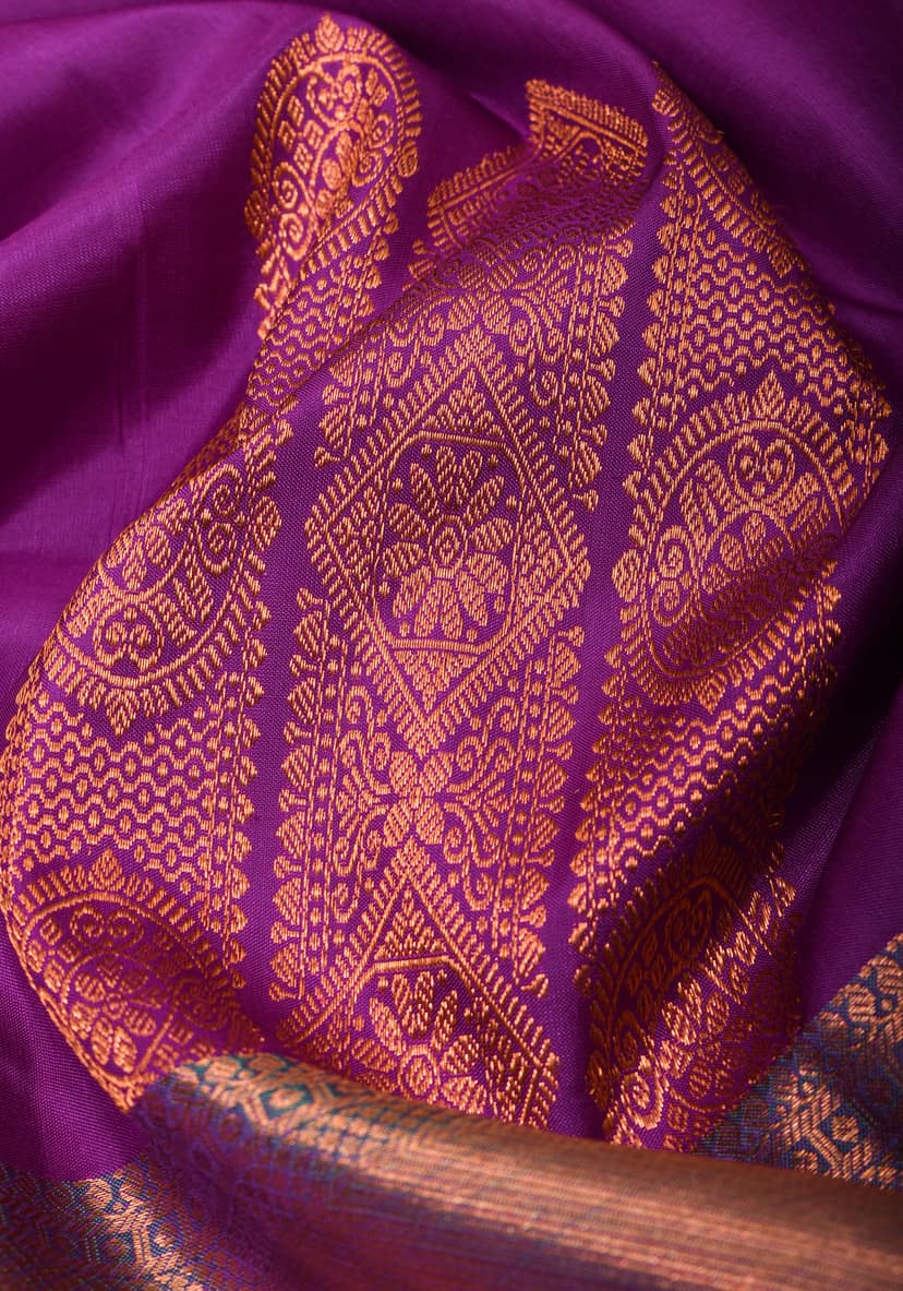 Kanjivaram Pure Silk Saree in Vadamalli Purple with Teal Contrast and geometric motifs | SILK MARK CERTIFIED view 3