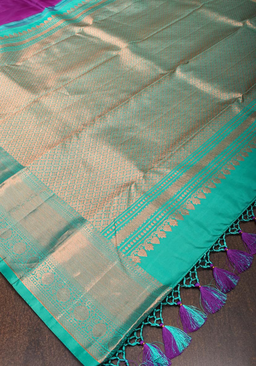 Kanjivaram Pure Silk Saree in Vadamalli Purple with Teal Contrast and geometric motifs | SILK MARK CERTIFIED view 7