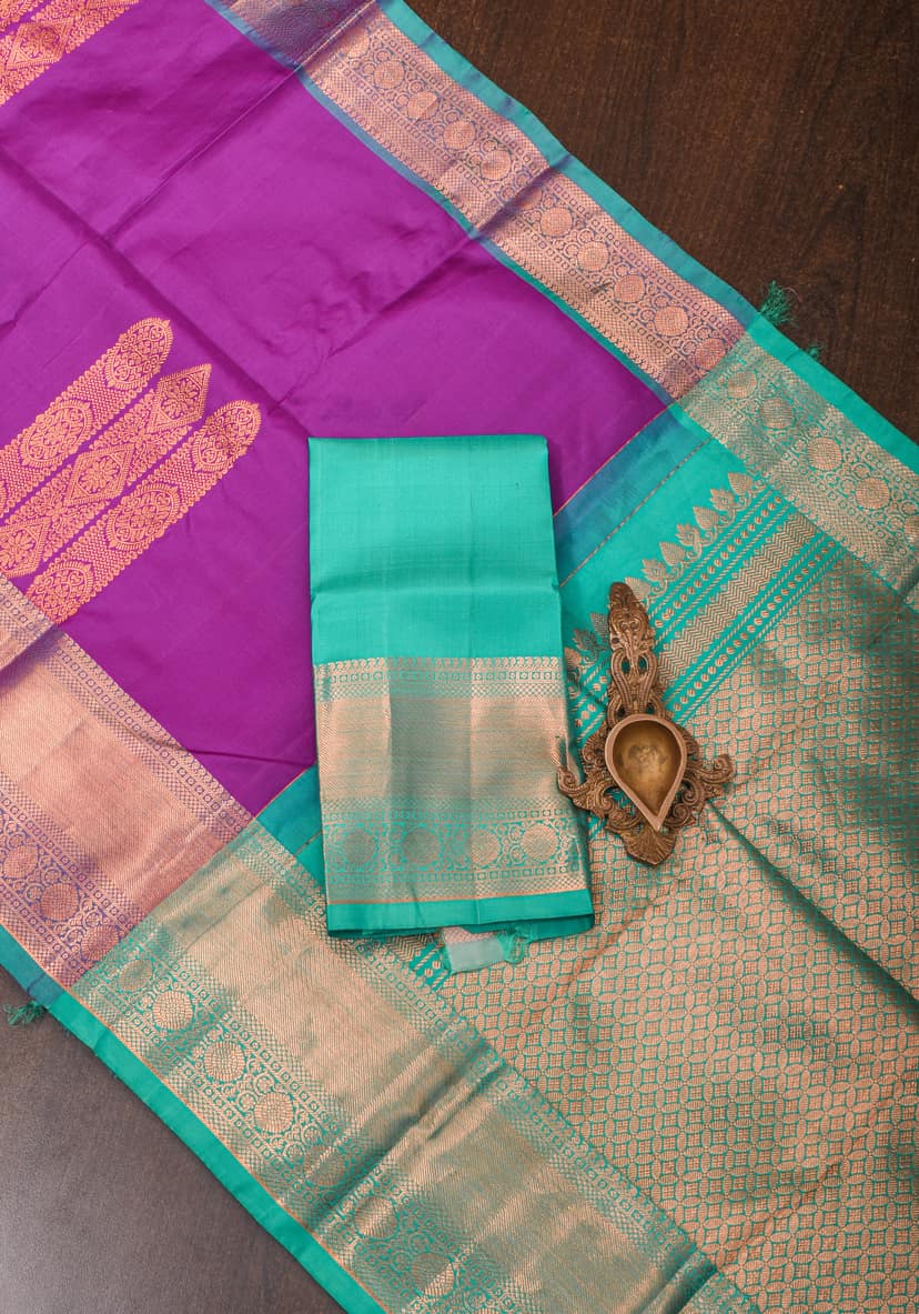 Kanjivaram Pure Silk Saree in Vadamalli Purple with Teal Contrast and geometric motifs | SILK MARK CERTIFIED view 9