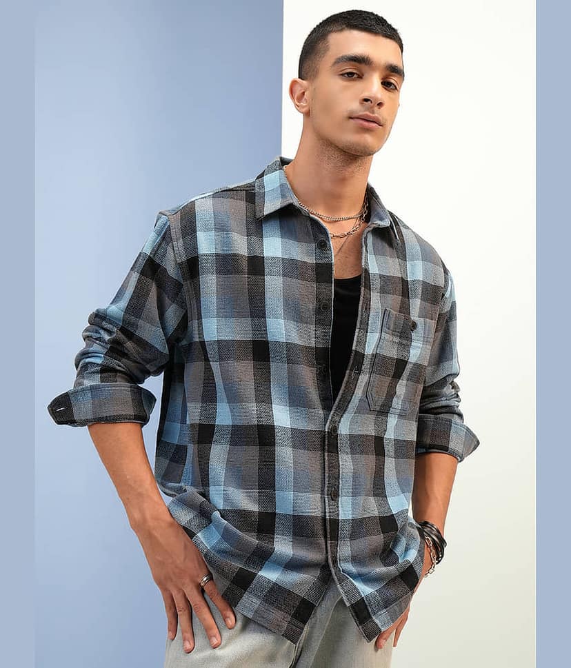 Highlander Cotton Blend Oversized Fit Checks Full Sleeves Men's Casual Shirt - Multicolor ( Pack of 1 )