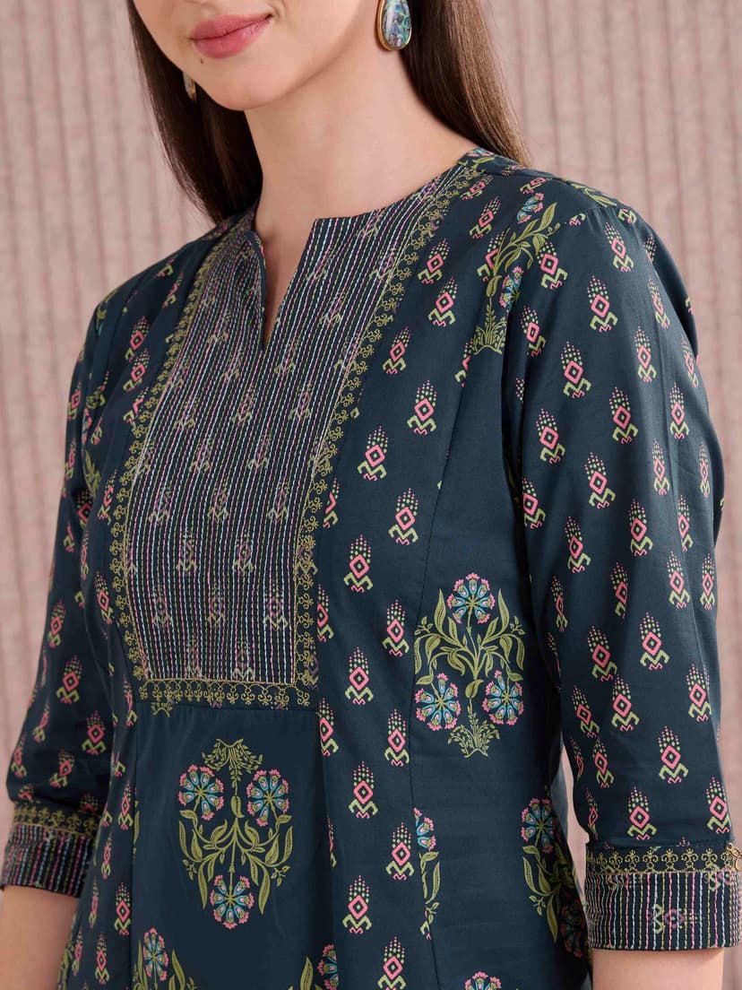 Navy Blue Cotton Printed Flared Kali Cut Kurthi With Embroidery view 2