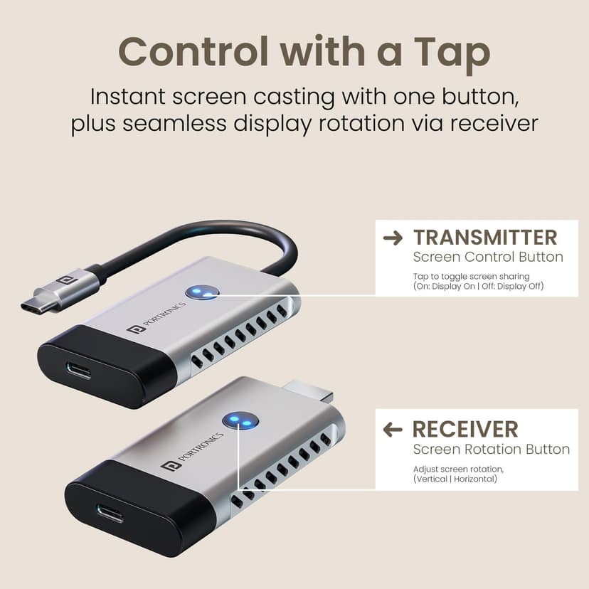 Portronics Sky Cast 4K@50Hz, Type-C Input, Plug & Play, 10m Range, Screen Control & Rotation Button, Simultaneous PD Charging Support, for Transmitting Video & Audio from Laptop/Tablet to TV/Projector/Monitor - Grey view 3