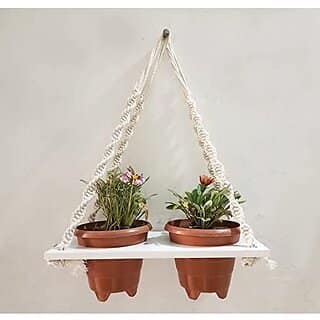 Khush Its Amazing Plant Macrame Hanger Shelf Indoor Hanging Planter Shelf Plant Hanger Shelf Boho Home Decor Cotton Rope (White)