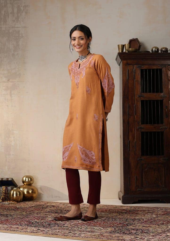 HOC Crafts Aari Embroidered Woollen Solid Women's Long Kurta - Rust view 4