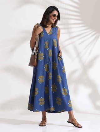 trueBrowns Blue Cotton Print Sleeveless Dress - Blue (4XL)