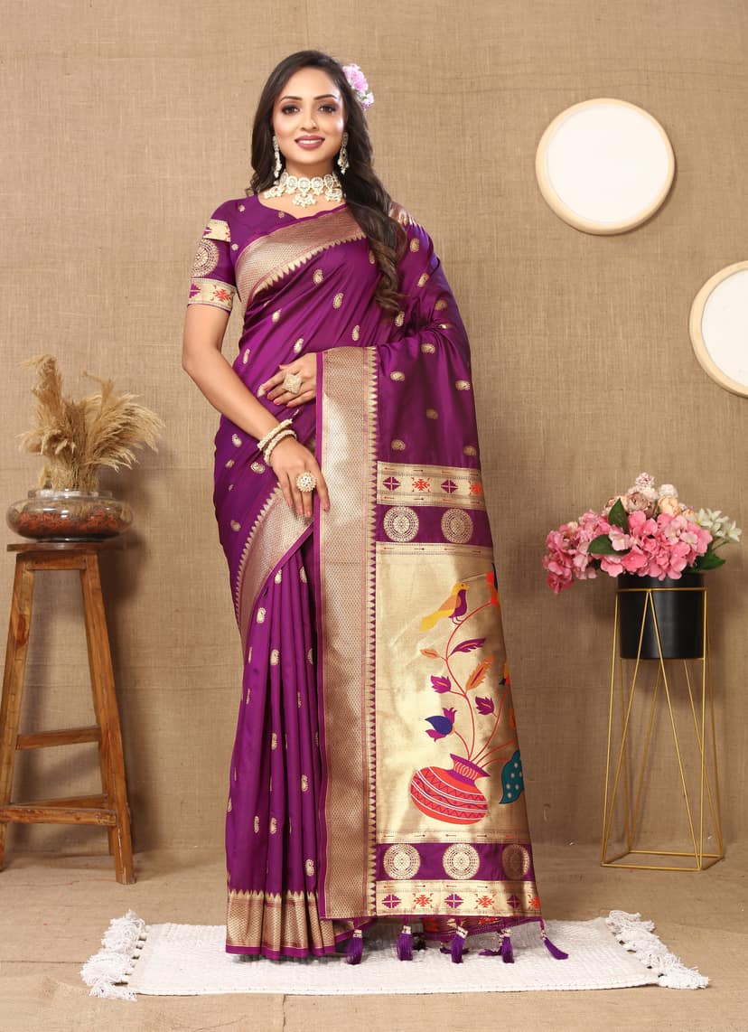 Soft Paithani silk saree with zari weawing desi...