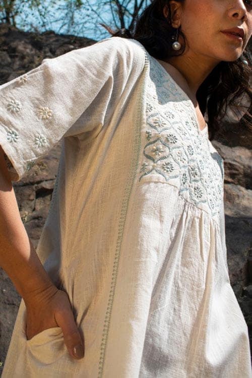 Avani Chikankari Off White Pure Cotton V Neck Dress view 3