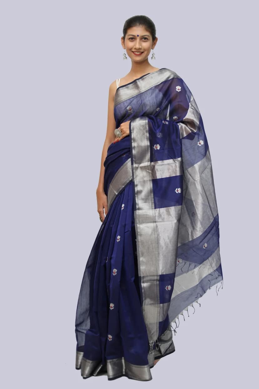 Blue Meena Zari Buti handloom Saree with Tassels