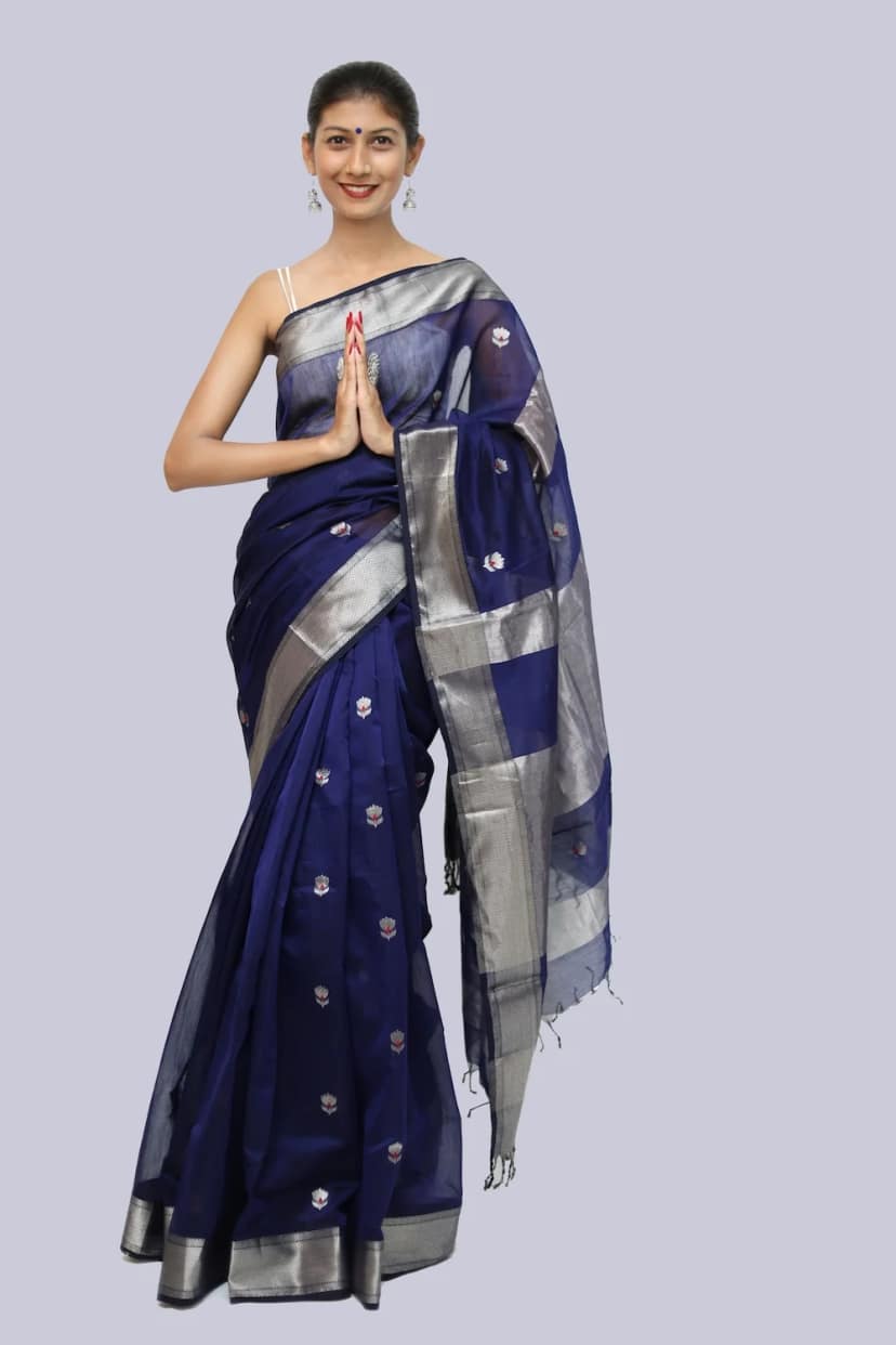 Blue Meena Zari Buti handloom Saree with Tassels view 3