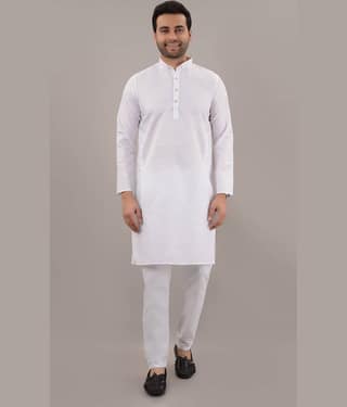 MOUDLIN White Cotton Blend Regular Fit Men's Kurta Pyjama Set ( Pack of 1 )