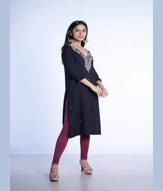 Q WOMANS PRIDE Cotton Embroidered A-line Women's Kurti - Black ( Pack of 1 )