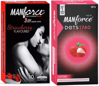 MANFORCE 3 in 1 Wild Ribbed Contour Dotted Strawberry Flavor Condoms - 10 Pieces & Extra Dotted Litchi Flavoured Condoms - 10 Pieces Condom (Set of 2 20 Sheets)