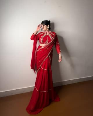 Red Purple Indian Wedding Party Lehenga Saree Ready To Wear With Stitched Blouse Readymade