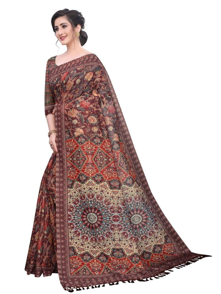 Silk Zone Women's Cotton Digital Printed Brown Saree With Unstitched Blouse Piece view 3