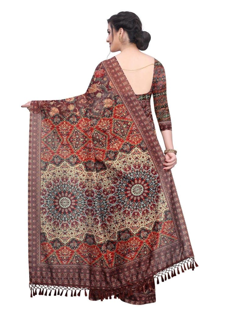 Silk Zone Women's Cotton Digital Printed Brown Saree With Unstitched Blouse Piece view 4