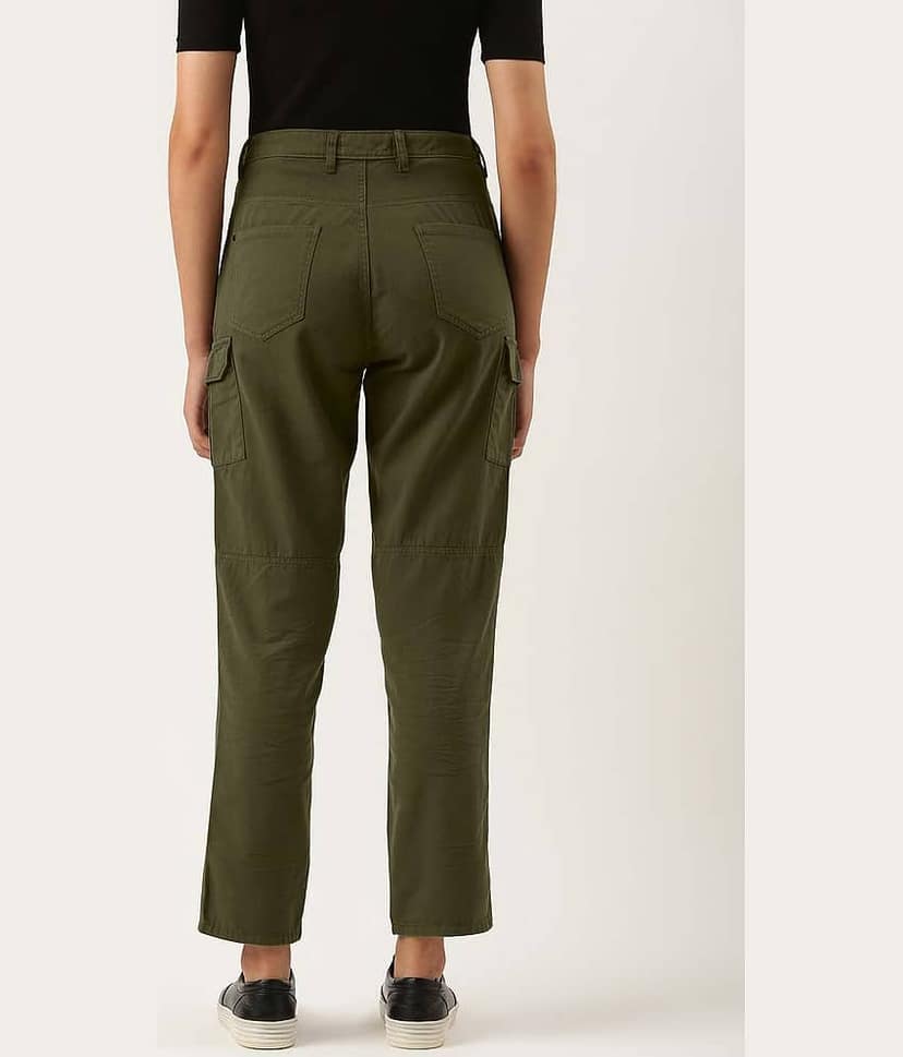 Women Forest Green Slim Fit Solid Cargo Trousers view 4