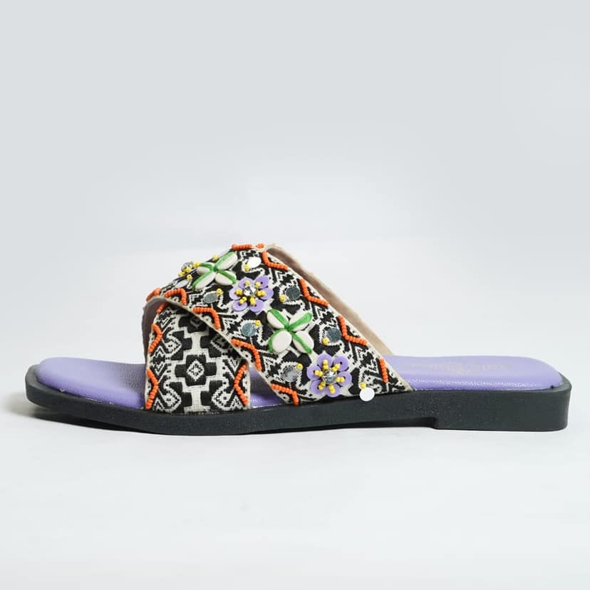 Women's Beaded Cross Strap Sandals with Purple Sole view 3