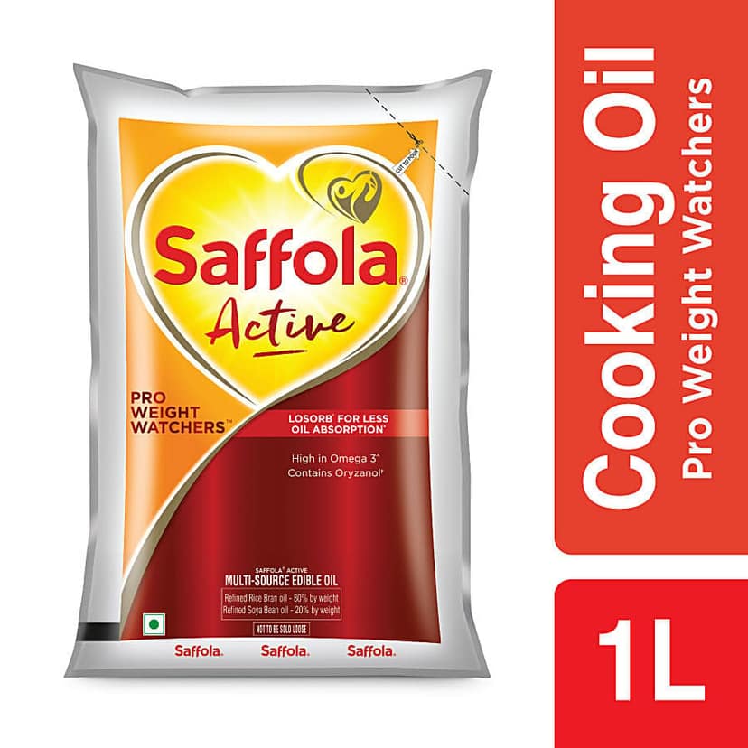 Saffola Active Refined Cooking oil | Blended Rice Bran & SoyaBean oil | Pro Weight Watchers, 1 L Pouch