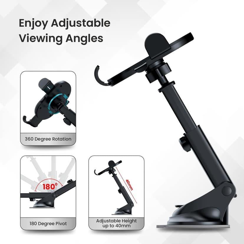 Portronics Clamp M3 Adjustable Car Mobile Phone Holder Stand for Dashboard & Windshield, 360° Rotational, Strong Suction Cup, Compatible with 4 to 6 inch Devices(Black) view 3