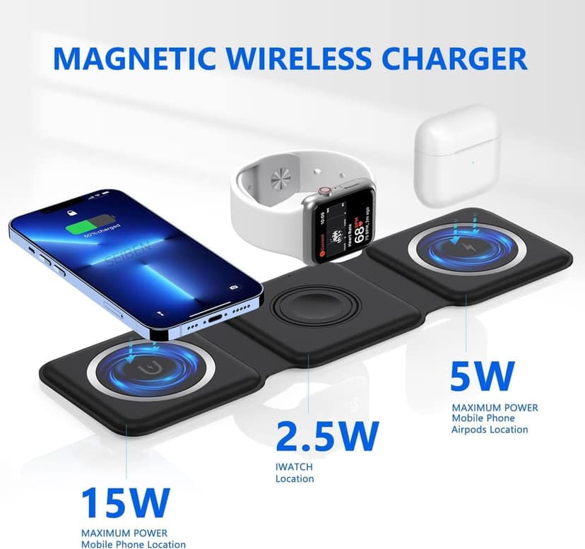 3 in 1 Magnetic Foldable Mag Safe Charger ( White or Black Colour) view 4