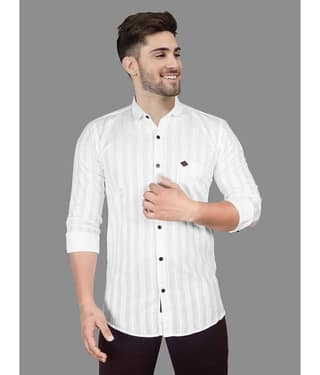 JB JUST BLACK 100% Cotton Slim Fit Striped Rollup Sleeves Men's Casual Shirt - White ( Pack of 1 )
