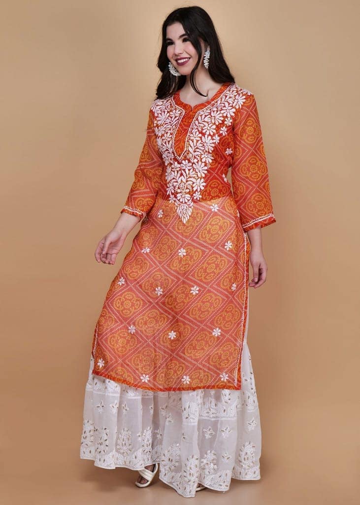 Handcrafted Kota Chikankari Straight Kurta - Orange view 4