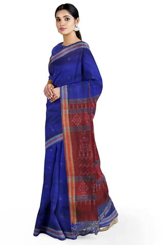 Garvi Gurjari (A Gujarat Govt Enterprise women Handwoven Blue and Maroon Cotton Silk Tangaliya Saree(GGCSTCSS10)