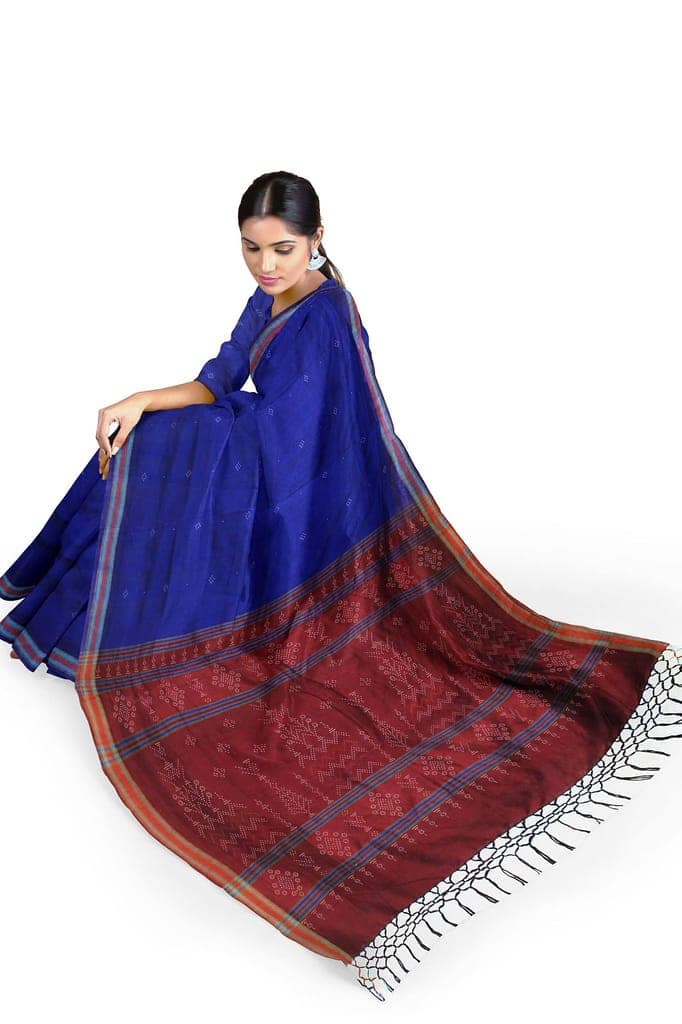 Garvi Gurjari (A Gujarat Govt Enterprise women Handwoven Blue and Maroon Cotton Silk Tangaliya Saree(GGCSTCSS10) view 2