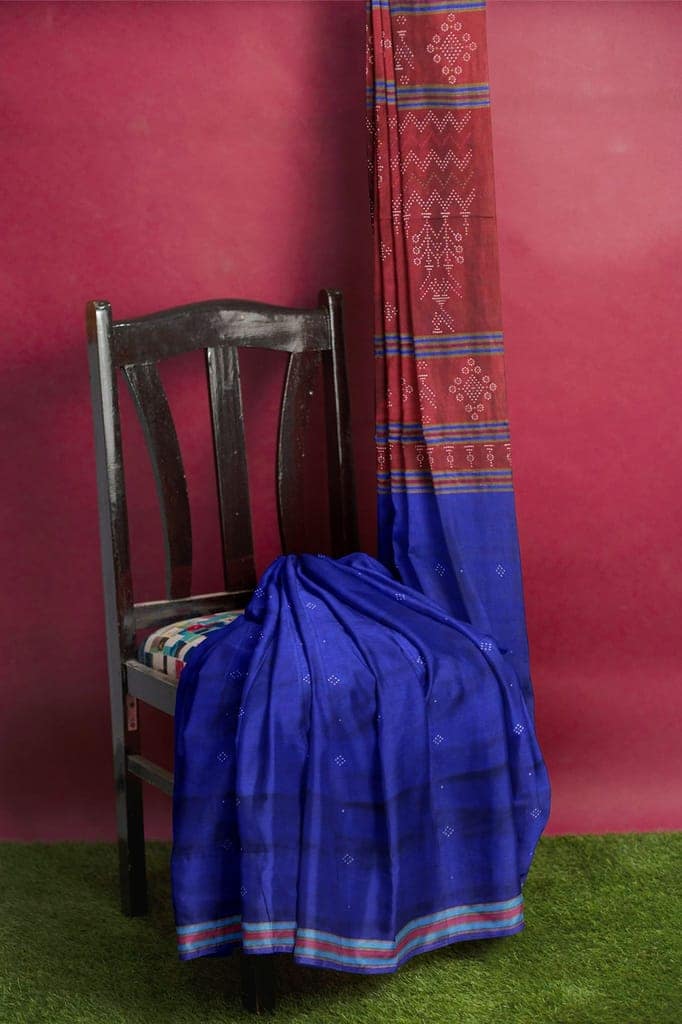 Garvi Gurjari (A Gujarat Govt Enterprise women Handwoven Blue and Maroon Cotton Silk Tangaliya Saree(GGCSTCSS10) view 8
