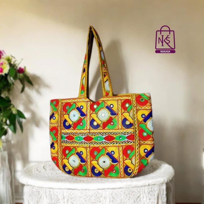 NAKASA Women's Gujarati Handmade Flower Embroidery Regular Yellow Tote Bag view 2