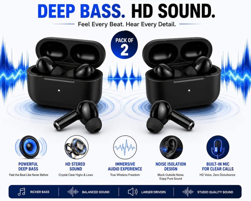 Tarendra Pack of 2 TWS Wireless Earbuds Bluetooth 5.3 with Touch Control | Type-C Fast Charging Earbuds with Deep Bass & Mic view 6