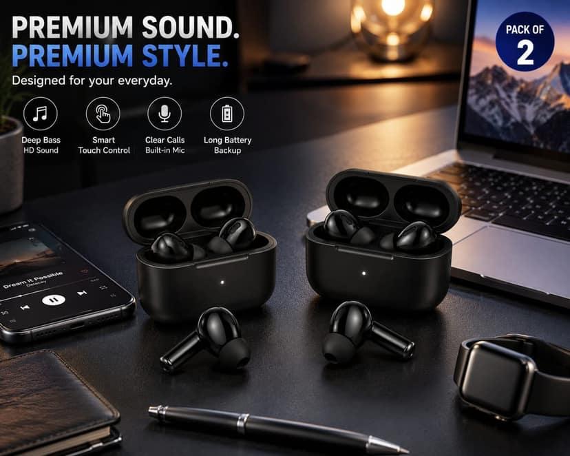 Tarendra Pack of 2 TWS Wireless Earbuds Bluetooth 5.3 with Touch Control | Type-C Fast Charging Earbuds with Deep Bass & Mic view 7