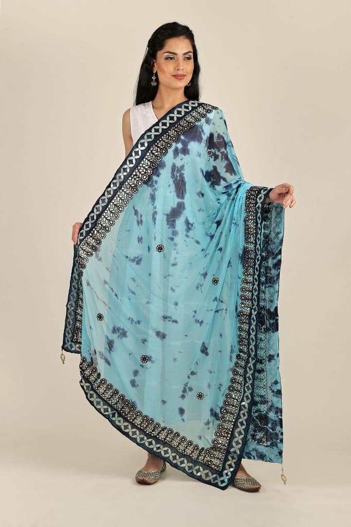 Sea-Jet Tie & Dye Pattern Digital Print Bemberg Chiffon Extra-Wide Dupatta With Tassels view 2