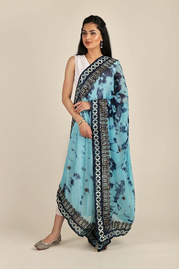 Sea-Jet Tie & Dye Pattern Digital Print Bemberg Chiffon Extra-Wide Dupatta With Tassels view 3