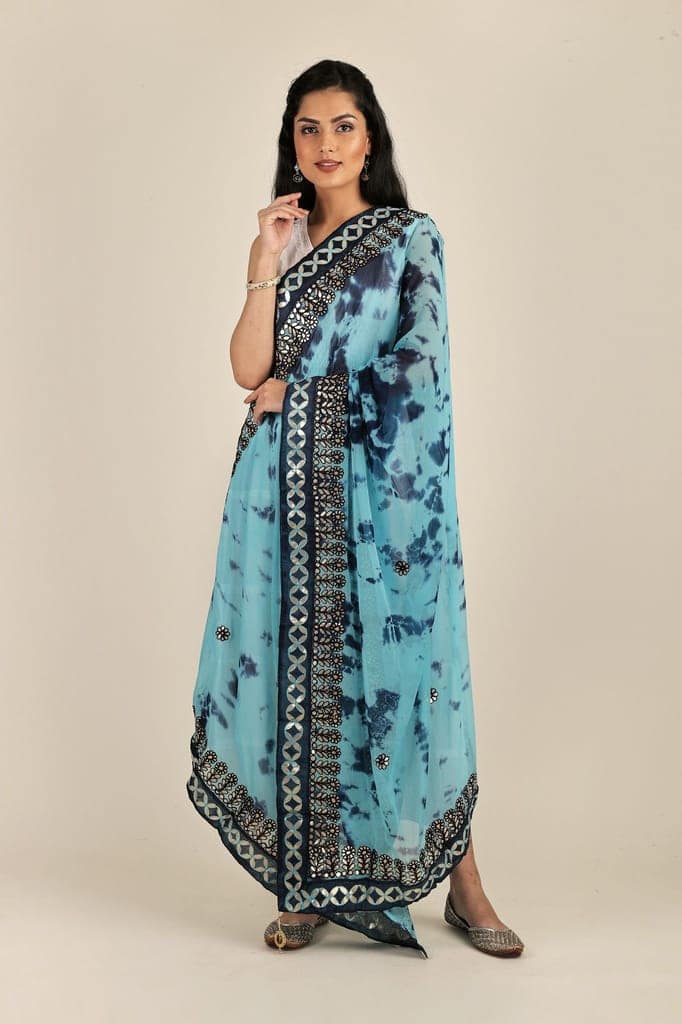 Sea-Jet Tie & Dye Pattern Digital Print Bemberg Chiffon Extra-Wide Dupatta With Tassels view 4
