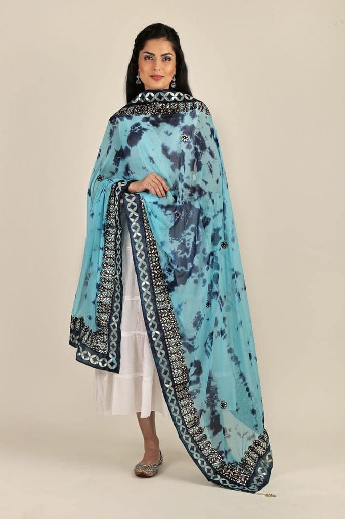 Sea-Jet Tie & Dye Pattern Digital Print Bemberg Chiffon Extra-Wide Dupatta With Tassels view 5
