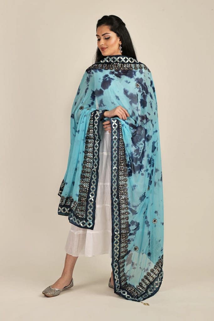 Sea-Jet Tie & Dye Pattern Digital Print Bemberg Chiffon Extra-Wide Dupatta With Tassels view 6