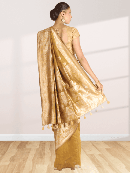 Mustard Linen Saree With Foil Print view 2