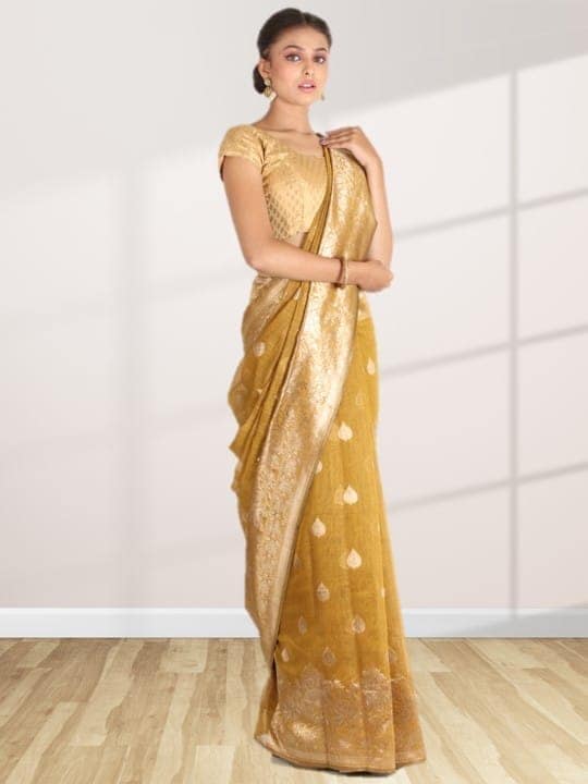 Mustard Linen Saree With Foil Print view 3