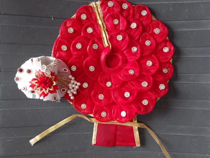 DHRUVINSRI Pooja Article Beautiful Designer Gawn, Choli & Pagdi, Red flowers, Studded Zarkhin, Fancy Poshak,laddu Gopal ji, krishna, kanhaji,Thakurji,Color-Red Colour view 3