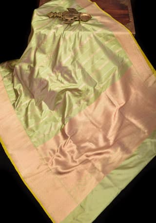 Frost Sage Banarasi Katan Silk with Alfi Zari Stripes and Zari Border | SILK MARK CERTIFIED