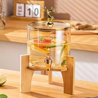 Glass Dispenser with Tap and Wooden Stand 2600 ML Set of 1 Water& Juice Dispenser with Air Tight Lid Pitcher for Detox Waters - Counter Table Top Perfect for Home & Kitchen, Office, Restaurant, Party