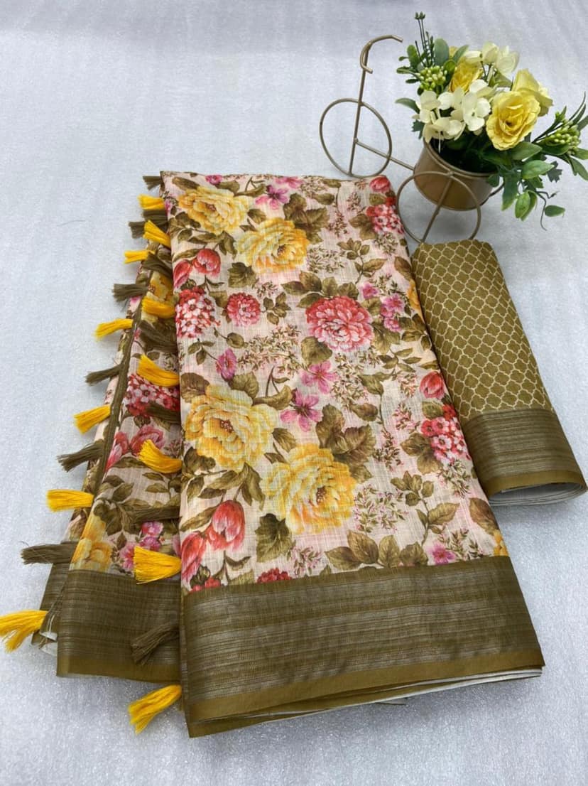 TheHangr Women's Multi-Colour Multi-Design Linen Saree With Blouse Piece - Brown