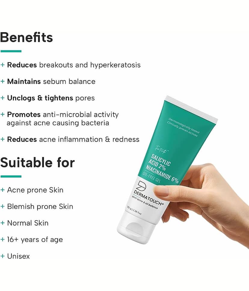 DERMATOUCH Salicylic Acid 2% Niacinamide 6% Anti-Acne Oil-Free Gel For Active Acne, Oil Balancing, Pore tightening 70G view 2