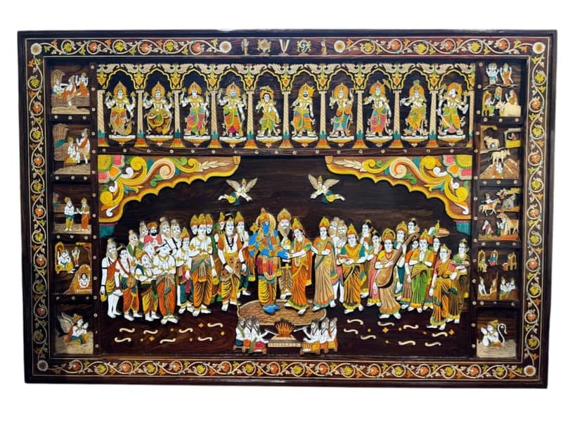 Wooden Lord Vishnu and Goddess Laxmi with Family Wall Hanging