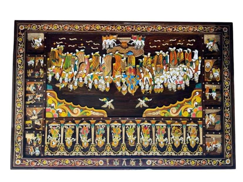 Wooden Lord Vishnu and Goddess Laxmi with Family Wall Hanging view 2
