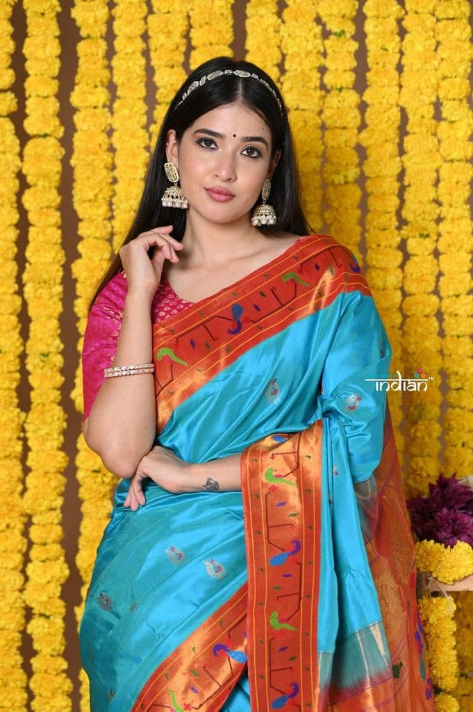 Rajsi~EXCLUSIVE!Handloom High Quality Pure Silk Paithani With Most Traditional Zari Border~ Feroze Blue and Zari view 2