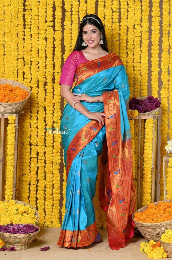 Rajsi~EXCLUSIVE!Handloom High Quality Pure Silk Paithani With Most Traditional Zari Border~ Feroze Blue and Zari view 3