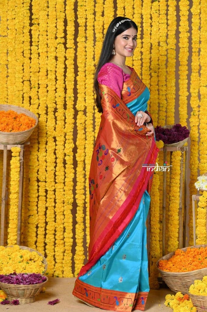 Rajsi~EXCLUSIVE!Handloom High Quality Pure Silk Paithani With Most Traditional Zari Border~ Feroze Blue and Zari view 5
